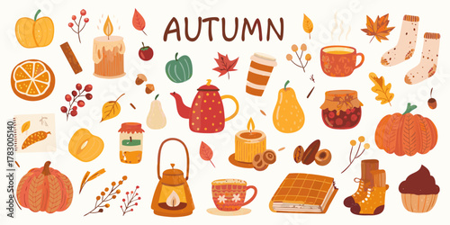 Cozy autumn elements collection with pumpkins candles and warm drinks