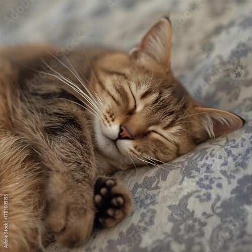Cute sleeping cat curled up on a soft patterned blanket, peaceful and relaxed feline dreams