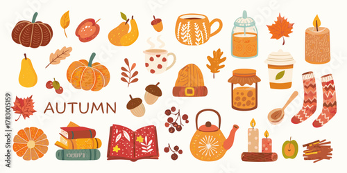Cozy autumn harvest elements including pumpkins pears hot drinks books candles and leaves