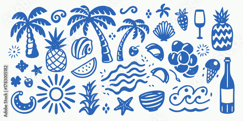 Collection of blue hand drawn summer vacation icons and symbols on a white background