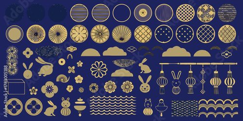 Collection of japanese inspired decorative elements featuring rabbits lanterns clouds and geometric patterns