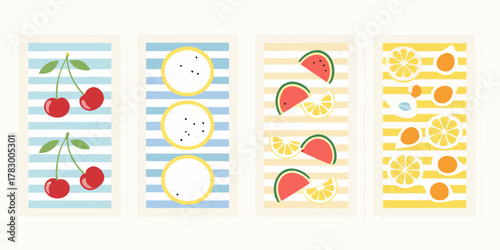 Four vertical panels featuring colorful fruit illustrations on striped backgrounds perfect for summer themes
