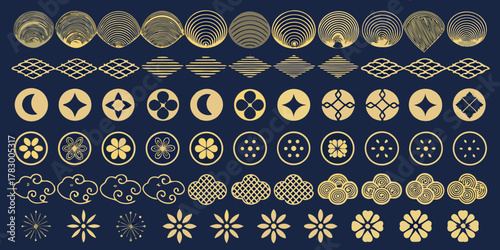 Collection of japanese traditional geometric patterns and motifs in gold on a dark blue background