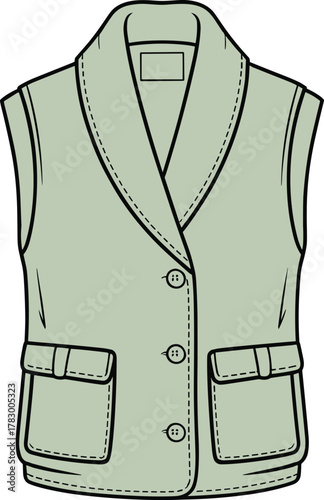 Sleeveless shawl collar vest technical sketch, front view, fashion flat drawing, garment design template, apparel vector illustration, cad drawing flat vector illustration