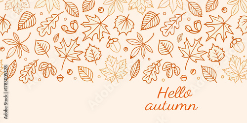 Seamless pattern of hand drawn autumn leaves and acorns with hello autumn text