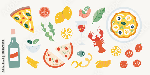 A vibrant collection of italian food and drink elements including pizza pasta seafood wine and fresh ingredients