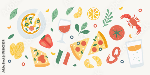 Photos A delightful collection of italian food and drink elements including pizza pasta