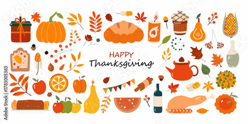 Happy thanksgiving illustration with festive food autumn leaves and decorative elements