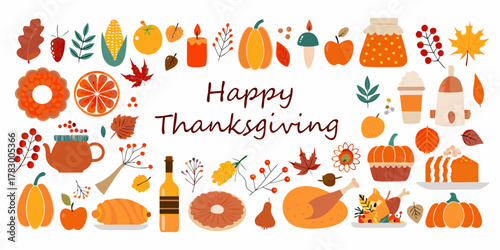 Happy thanksgiving illustration with festive autumn harvest food and fall leaves