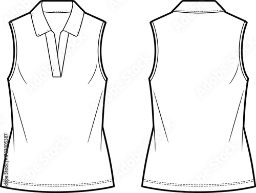 Sleeveless polo shirt front and back view, fitted silhouette, partial button placket, fashion flat sketch, garment cad drawing vector illustration