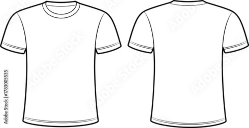 Short sleeve t-shirt flat sketch, front and back view, crew neck apparel template, CAD drawing, vector fashion illustration for garment design