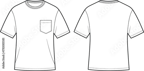 Short sleeve T-shirt front and back view, crew neckline, chest pocket detail, stitched hem and sleeves, fashion flat sketch, cad vector illustration