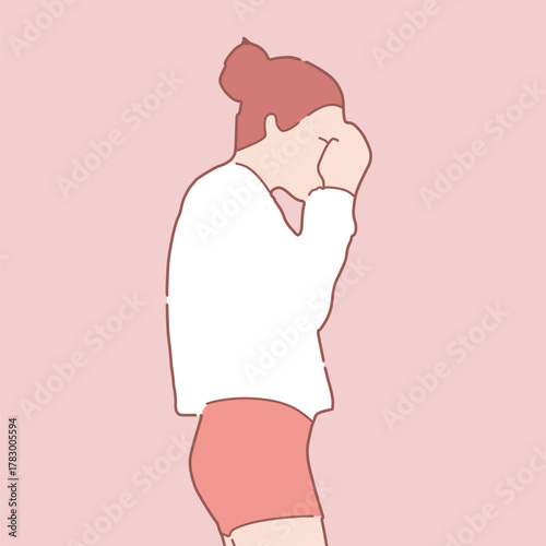 Abused young woman trying to hide and defend herself. Stop violence against women. Concept of family scandal, crisis, domestic violence, abuse. Crying woman being harassed and bullied by her partner.