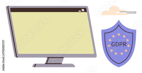 Monitor with blank screen paired with a GDPR compliance shield, emphasizing data protection. Ideal for security, privacy, compliance, technology, online safety, regulations modern design. Simple