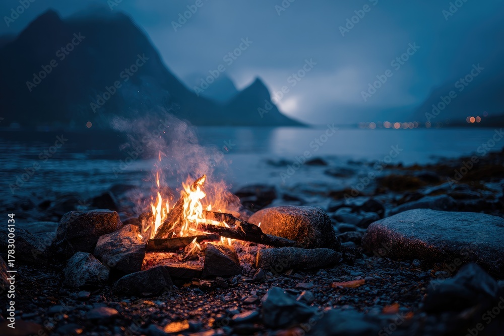 Fototapeta premium Campfire on a dark beach at twilight