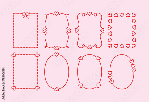 Set of thin line frames with heart details for Valentine’s Day cards, quotes, and romantic designs
