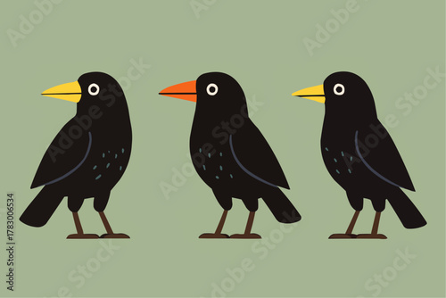 Cartoon Black Birds with Colorful Beaks – Minimalist vector Illustration