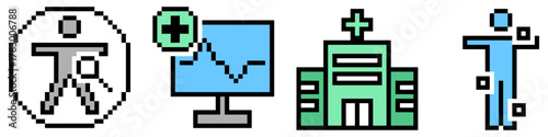 Set pixel health check up vector. Collection of 8 bit icons for medical examination, wellness, and preventative healthcare themes. Ideal for retro game assets and digital health interfaces.
