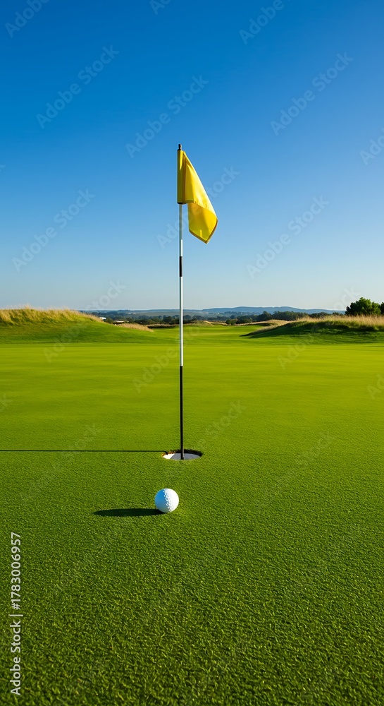 Obraz premium Golf ball on green near flagstick on sunny day with blue sky.
