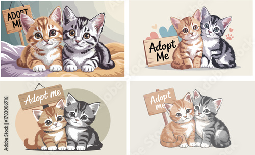 Adorable Adopt Me Kittens Vector Illustration Set. Rescue Cats with Sign Looking for a Home.Adorable Adopt Me Kittens Vector Illustration Set. Rescue Cats with Sign Looking for a Home.
