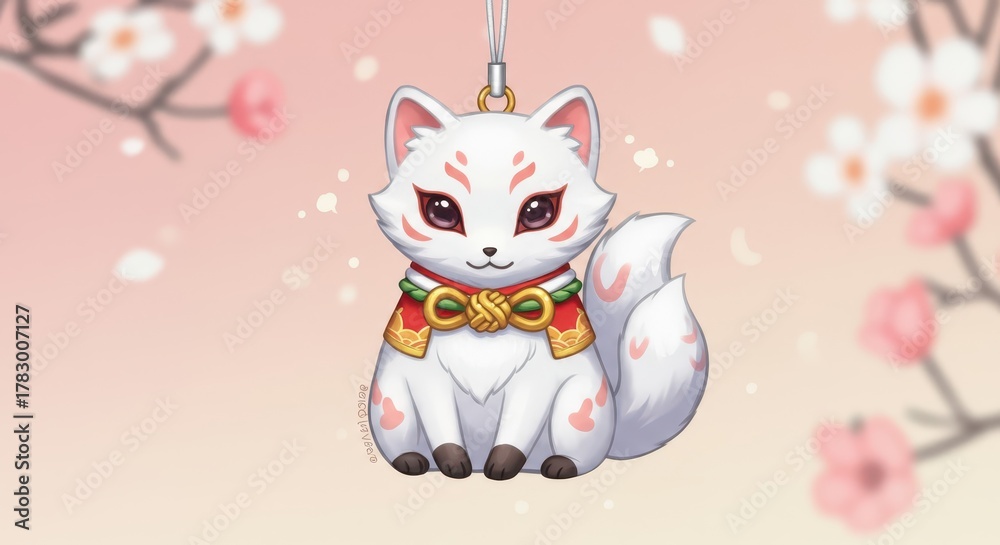 Obraz premium Cute white mythical spirit animal charm hangs against a soft background of blooming cherry blossoms