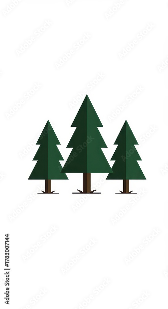 Fototapeta premium Three stylized evergreen trees stand prominently against a stark white background