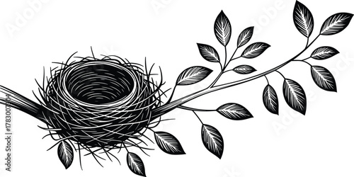 Bird nest illustration, black and white nature art, stylized branch with leaves, empty nest graphic, wildlife habitat design, organic forest element