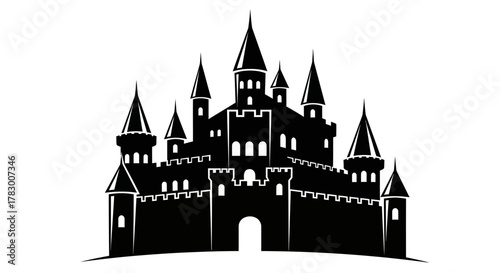 Photos Majestic black castle silhouette with imposing towers and crenellated walls evok