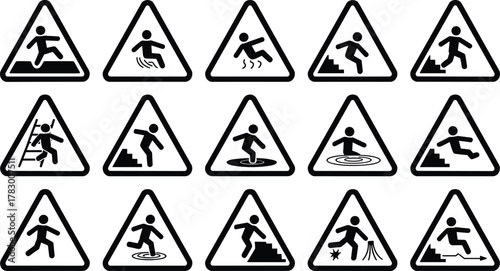 Hazard warning sign icon set, black and white movement danger illustrations, stylized fall and slip graphics, safety signage design, physical activity caution symbols