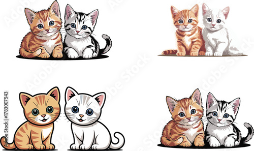 Adorable Twin Kittens Vector Illustration Collection. Cute Cats Sitting Together in Various Cartoon and Realistic Styles.Adorable Twin Kittens Vector 