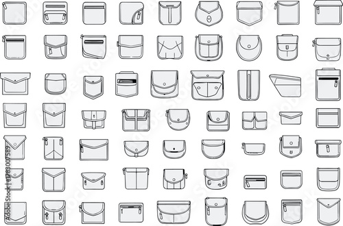 Pocket design illustration set, black and white garment construction icons, fashion accessory graphics, stylized apparel detail art, stitching and closure variation grid