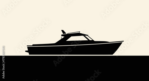 Sleek modern motor yacht silhouette gliding on calm water, perfect for travel, leisure, and adventure themes.