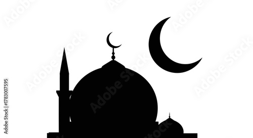 Elegant silhouette of a mosque with crescent moon, symbolizing Islamic faith, culture, and spirituality