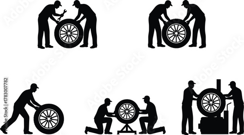 Tire maintenance silhouettes, black figures working with tires, installation, inspection, alignment, automotive service, mechanic poses, tool usage, teamwork, vehicle repair scene