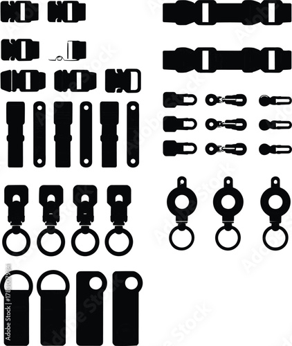 Bag hardware silhouette set, black fastening component icons, stylized strap and buckle graphic, crafting and accessory design elements, gear attachment illustration