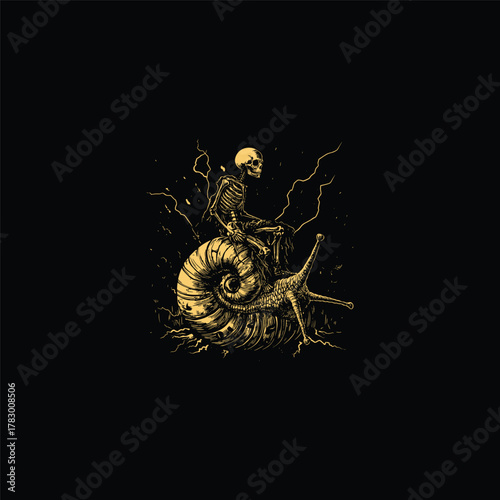 Vintage engraving style illustration featuring a human skeleton riding a giant snail
