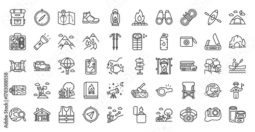 adventure icon set outline collection containing backpack, compass, map, hiking boots, lantern, campfire, binoculars, climbing rope, kayak, tent, survival kit, flashlight, mountain, trail, pocket