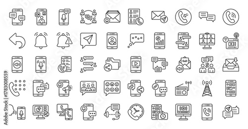 communication icon set outline collection containing text message, video call, group chat, email inbox, contact list, send mail, receive call, chat bubble, phone call, notification, direct message