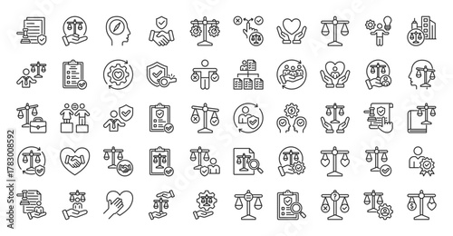 ethics icon set outline collection containing code of conduct, ethical, standard, moral compass, shield, trust balance, decision, honesty, justice, corporate, leadership, check, alignment, principle