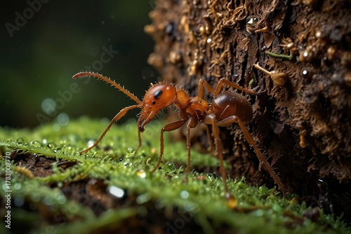 In the midst of the forest's uproar, a minuscule yet industrious titan known as a leaf-cutter ant drags a piece of plants in a tree trunk, its actions magnified in an image adorned with fresh water be