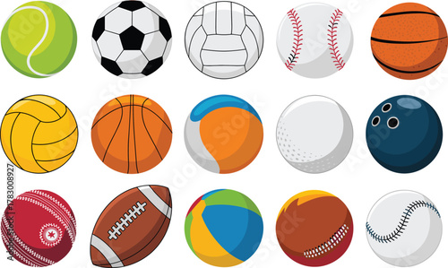 Sports balls, athletic icons, recreational equipment, ball collection, tennis ball, soccer ball, basketball, volleyball, baseball, cricket ball, football