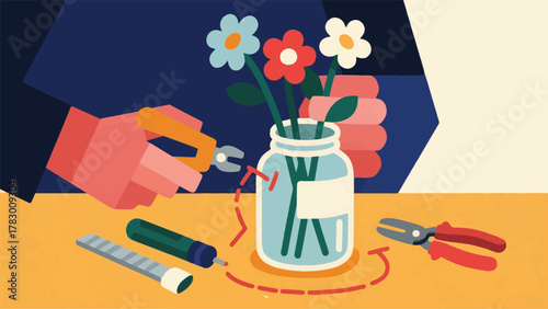 Illustration Vector Showing The Process Of 'Upcycling' An Old Item Turning A Jar Into A Flower Vase With Crafting Tools Visible Vector Design Template