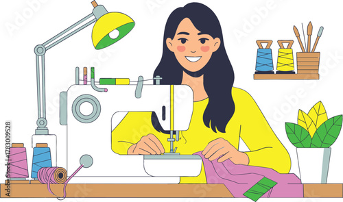 Smiling Woman Working at Sewing Machine Vector Illustration. Hobby, Dressmaking, and Crafting Flat Outline Graphic