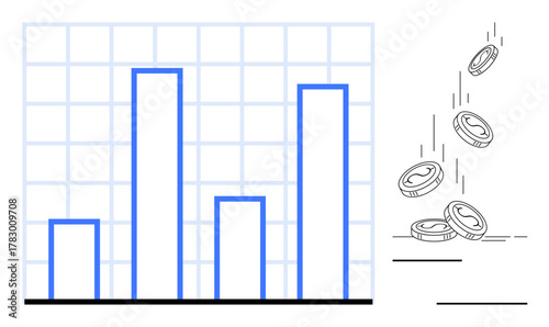 Bar chart highlights progress and performance metrics while falling coins symbolize financial growth, income streams, or investments. Ideal for finance, business, data, success, analysis, economy