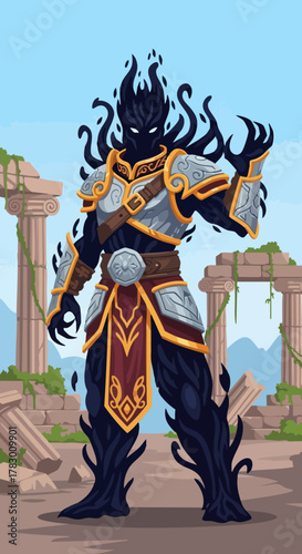 Shadow Warrior with Intricate Armor and Ethereal Flames, Standing Tall.