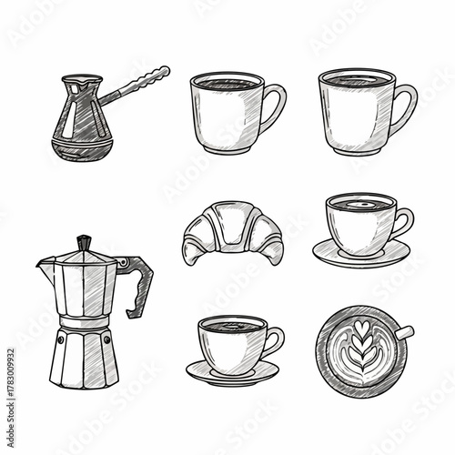 Hand-Drawn Coffee and Pastry Collection - Moka Pot, Cups, Croissant.