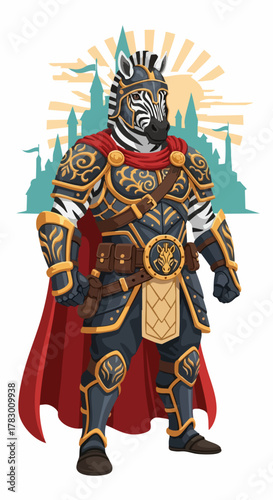 Anthropomorphic zebra warrior character in ornate fantasy armor.