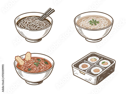 A delectable assortment of Asian cuisine presented in four distinct bowls and a bento box, featuring noodles, soup, and sushi