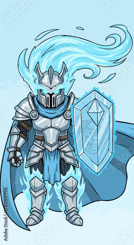 Fantasy Knight Character with Blue Flame Aura and Crystal Shield.