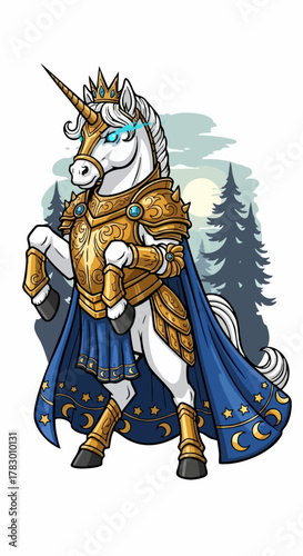 Majestic Armored Unicorn King Fantasy Creature Illustration.